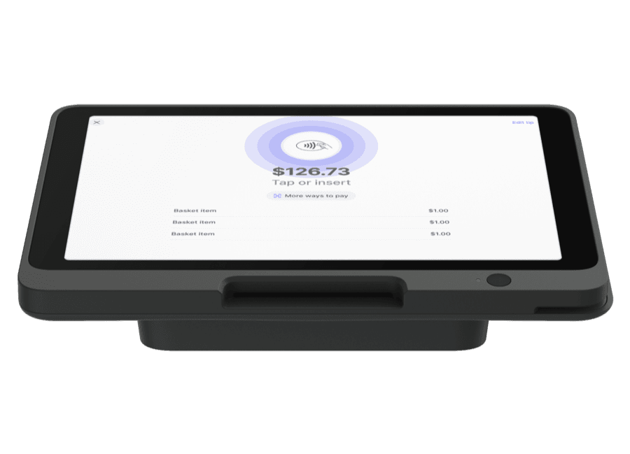 Stripe Reader T600 on a counter, asking the customer to tap or insert
