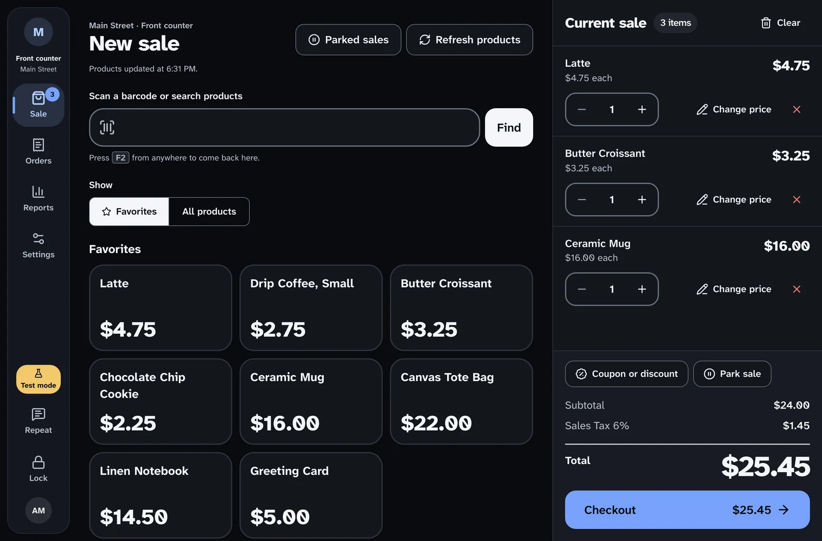 The same Sale screen in the dark theme: light text on a near-black background, with a blue Checkout button.