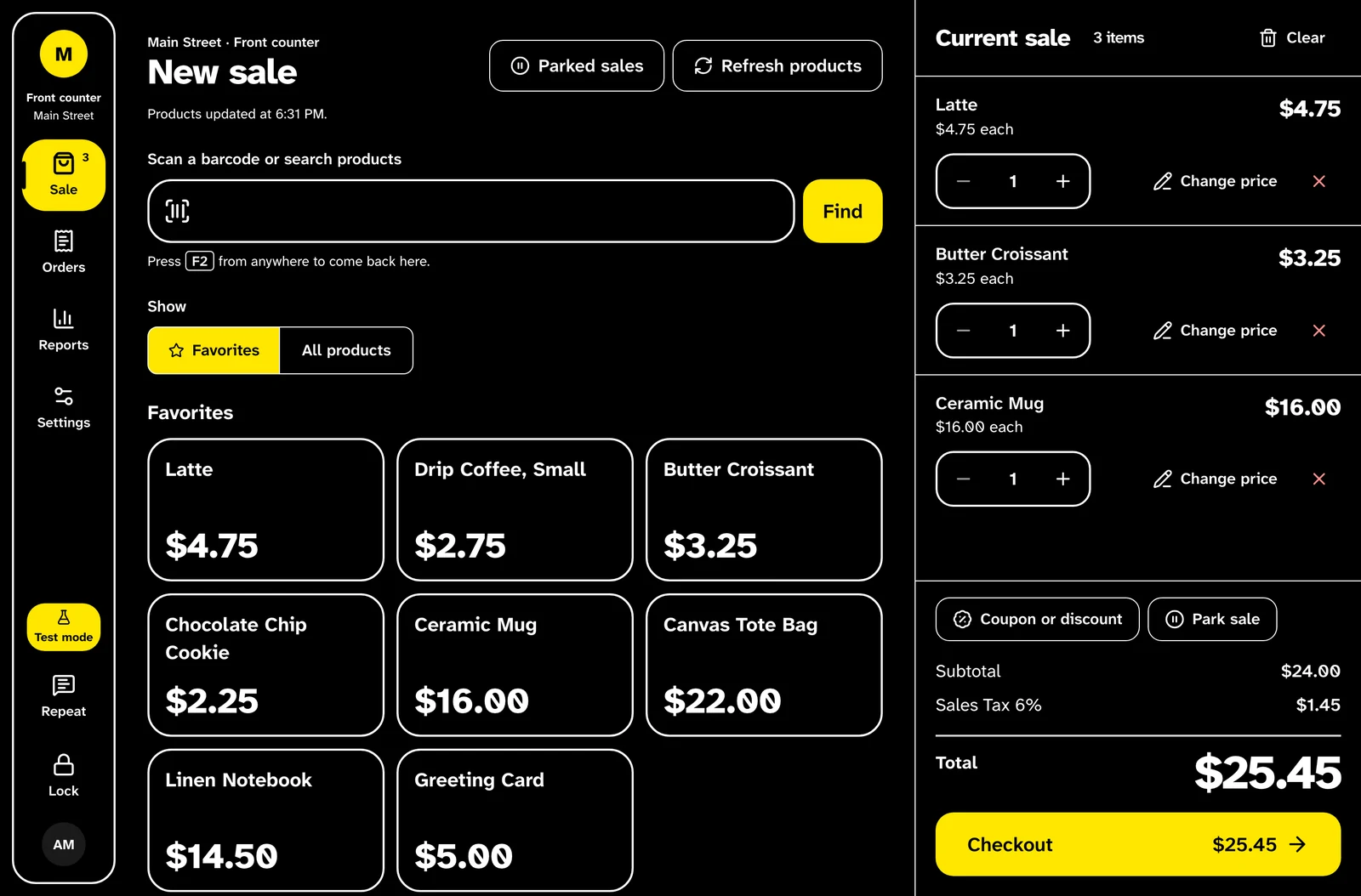 The Sale screen in the high contrast theme: white text on black, yellow buttons and a white outline around every tile.